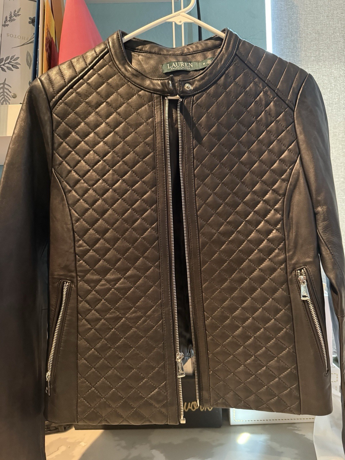Lauren Ralph Lauren Women’s Black Quilted Leather Full Zip Jacket Pockets