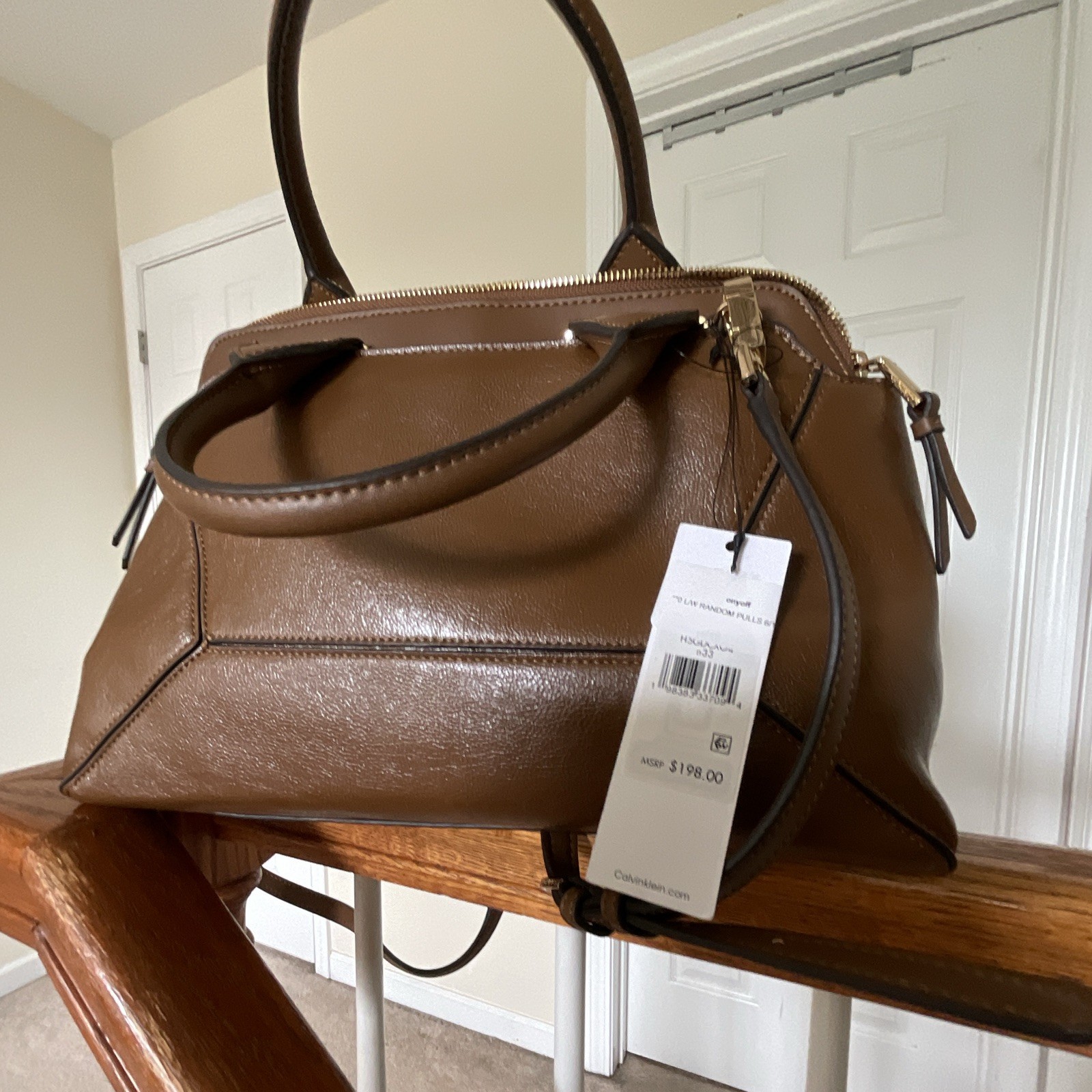Calvin Klein Brown Large Crossbody, Zip Top, Top Handle, Detachable Strap, Gold