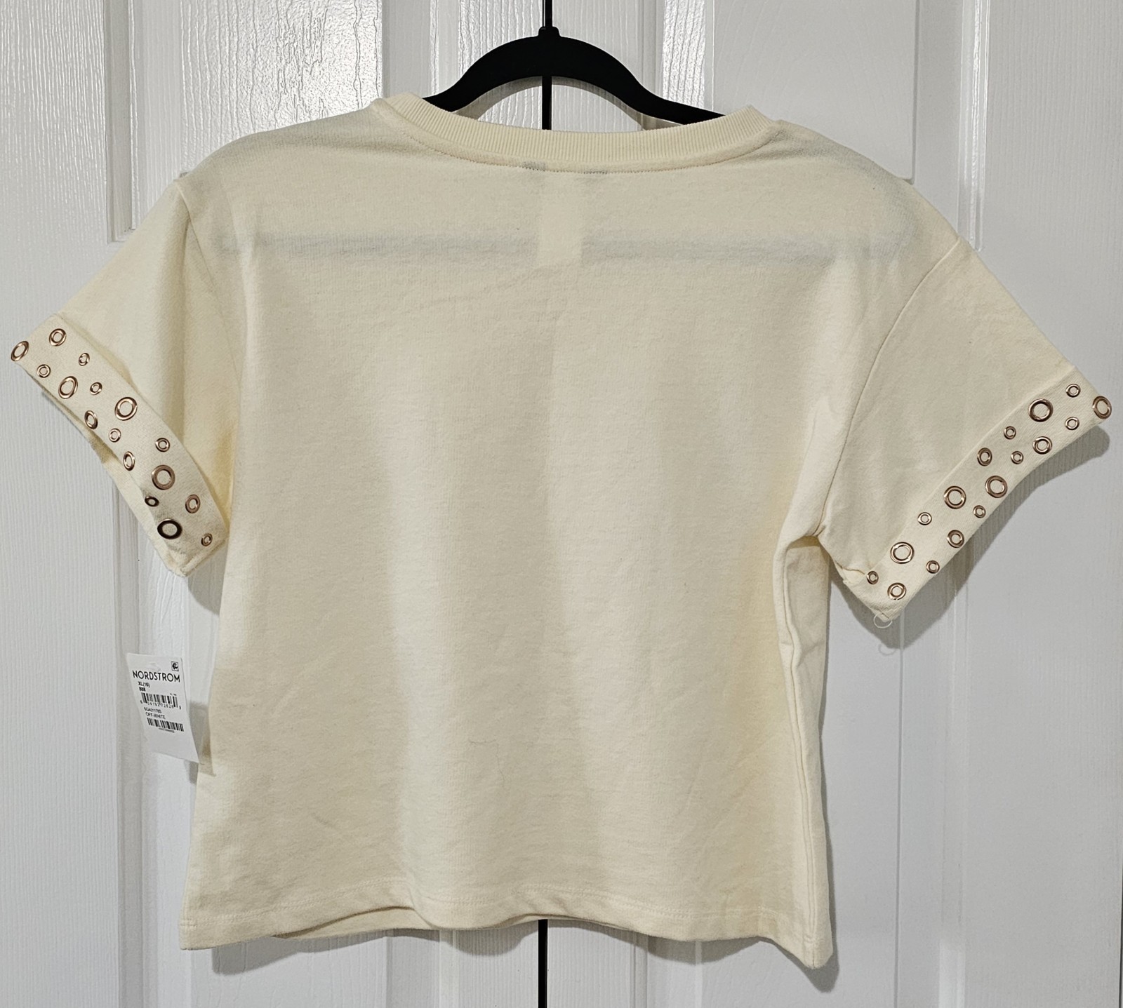 Truce XL (16) Ivory Punk Rock Graphic Sequin Tee, Crew Neck, Cropped