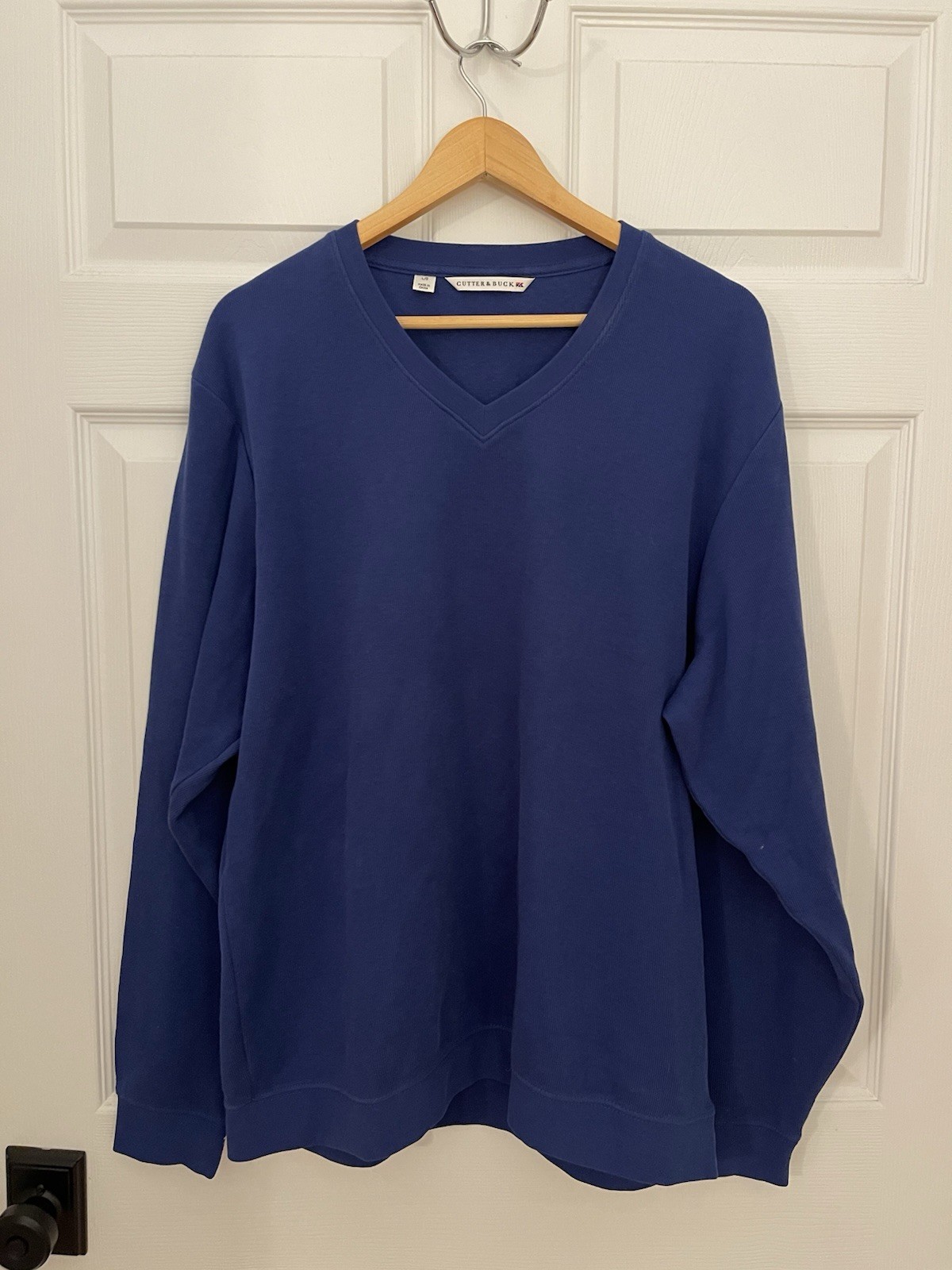 Cutter Buck Mens L Blue Pullover Cotton Vneck Longsleeve Breathable All Seasons