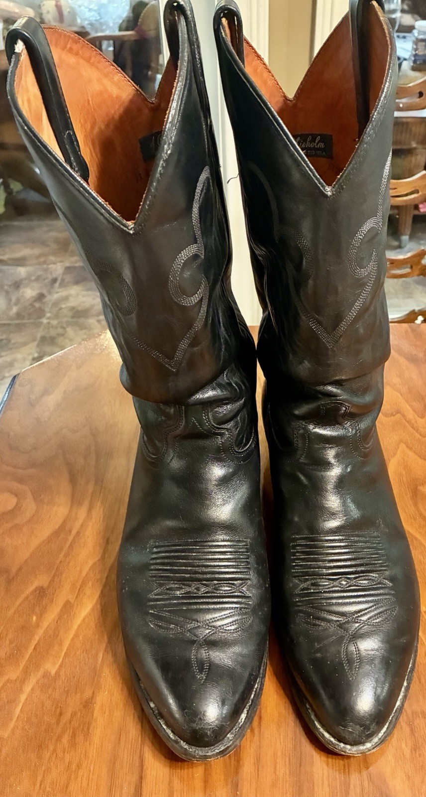 Vintage J. Chisholm Men’s Black Leather Western Cowboy Boots Size 13D USA Snip