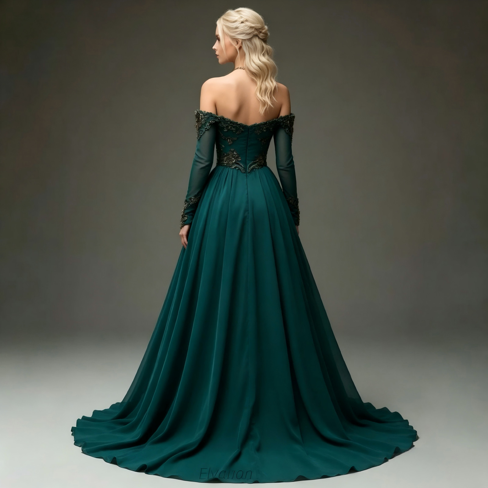 Teal Chiffon Gown Long Sheer Sleeve Corset Train Formal Wedding Evening Dresses