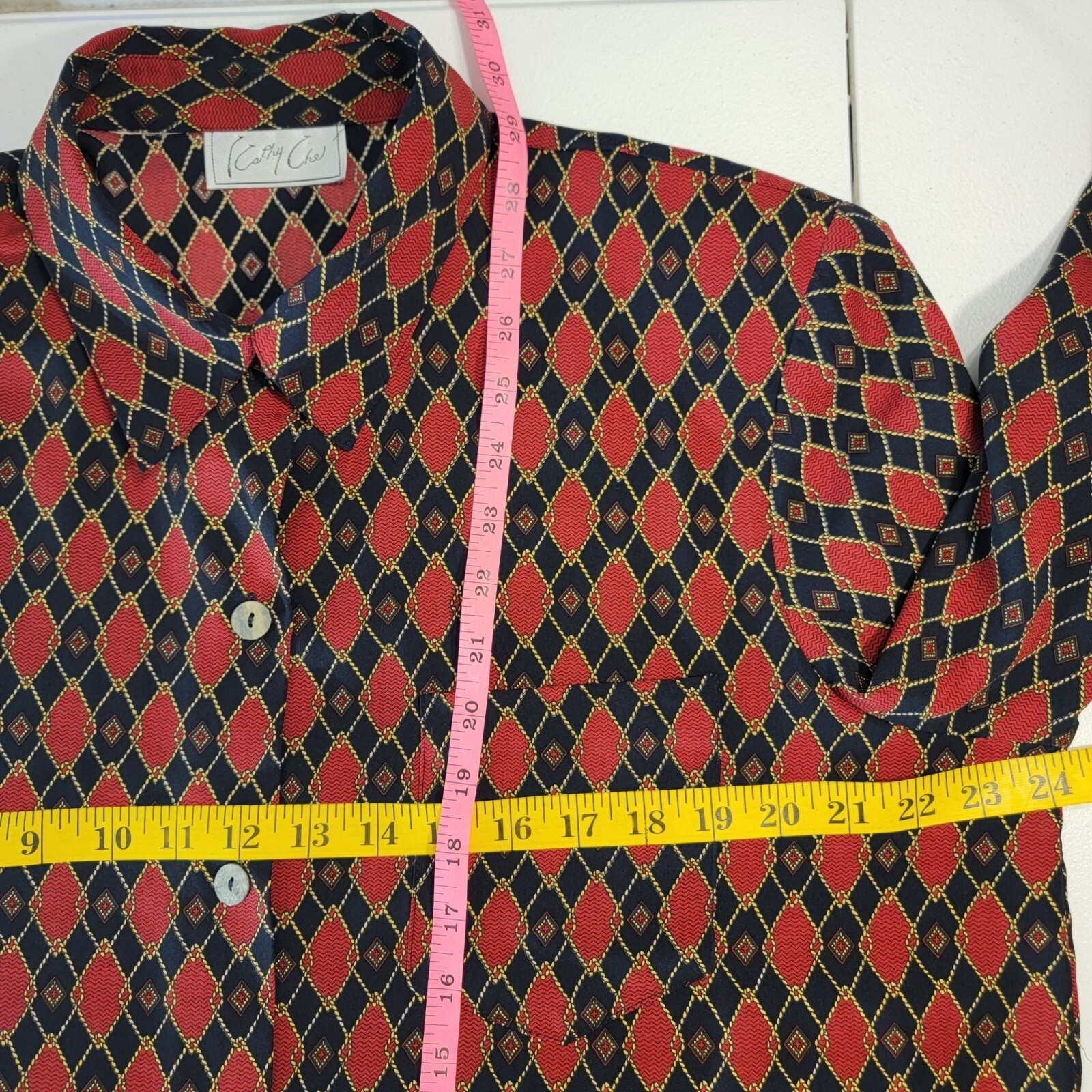 Vtg Secretary Blouse Womens 1X Chain Print Buttons Padded Retro Office Mature
