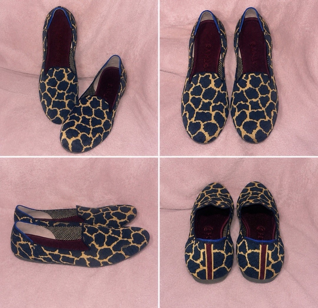 Rothy’s Women’s Knit Animal Print Slip-On Flats Round Toe Blue/Beige 7.5M