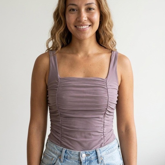 Liz & Sara Ruched Mauve Bodysuit | XS | Buttery Soft Square Neck