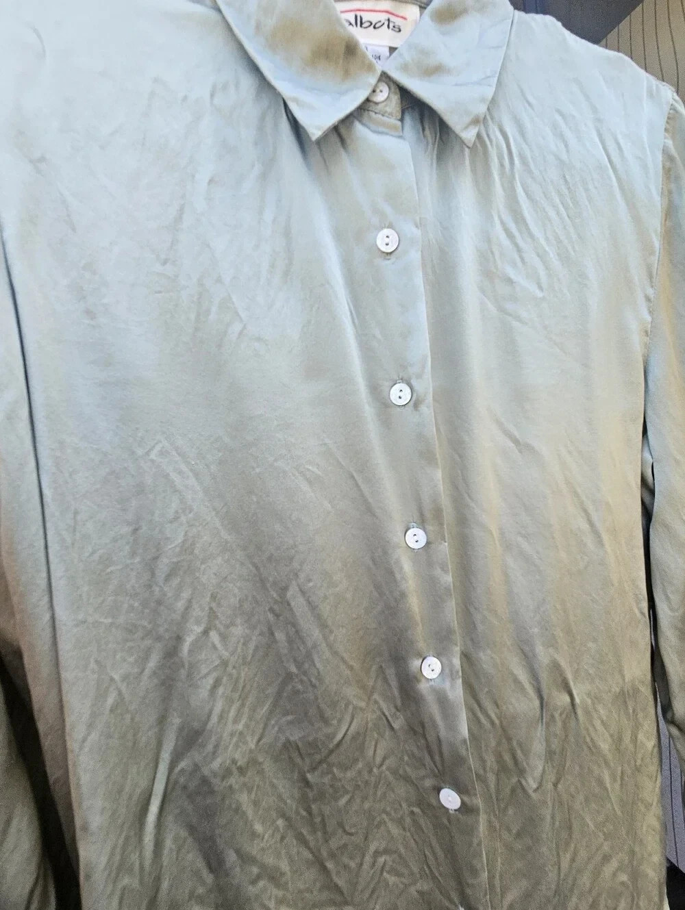 Talbots 100% Silk Blouse Button Down Shirt, Light Sage Green, Size 6