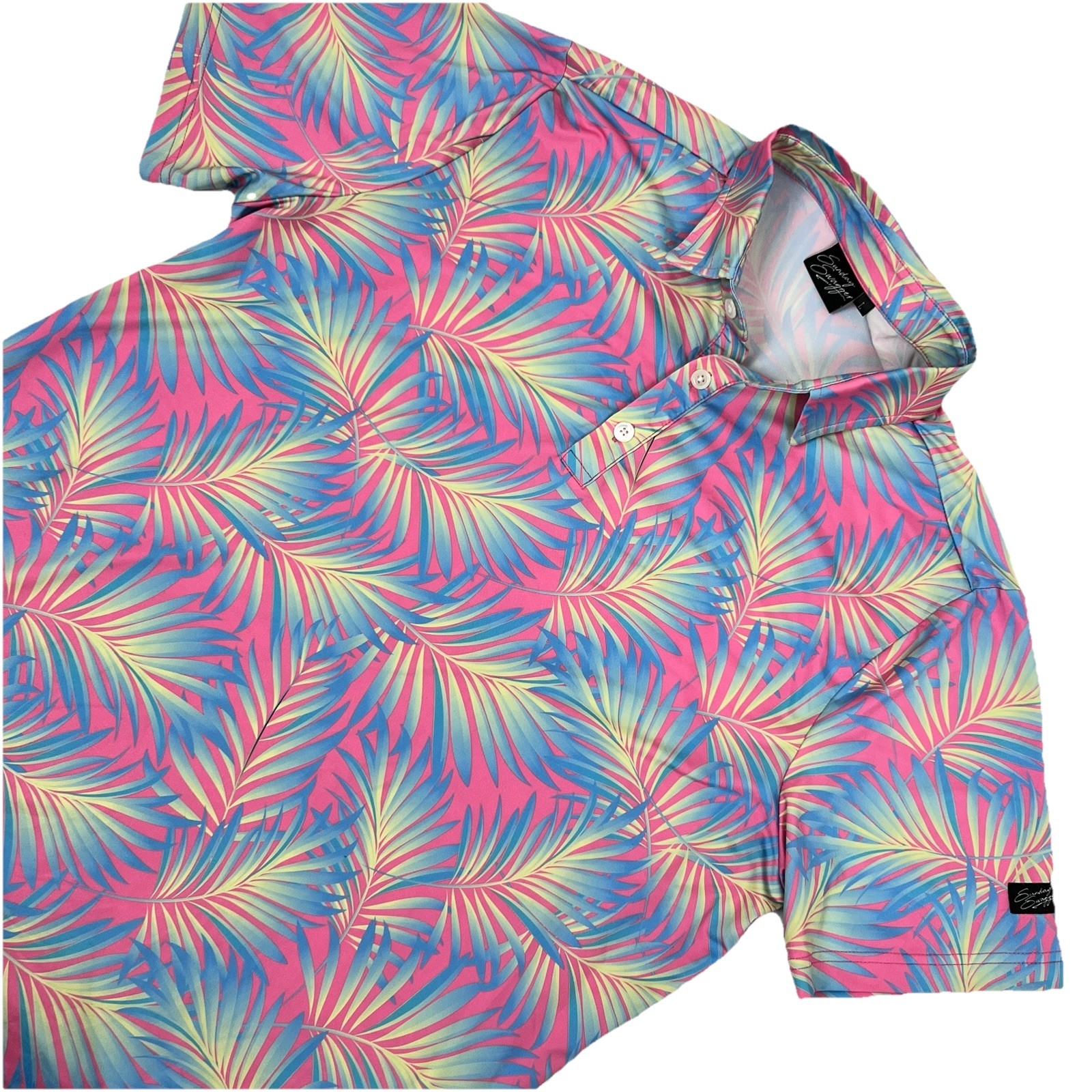 Sunday Swagger Maldives Men’s L Polo Shirt Palm Leaf Tropical Performance Neon