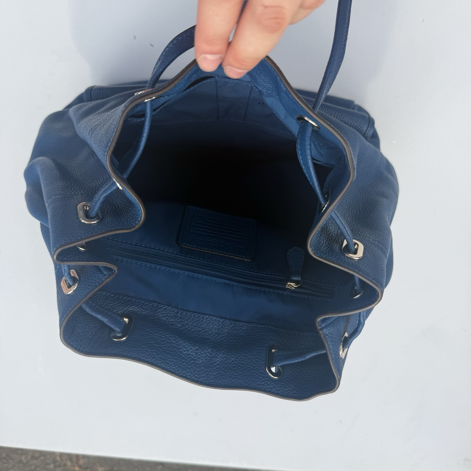 Coach Blue Pebbled Drawstring Backpack, Turn Lock, Gold Hardware, Pockets