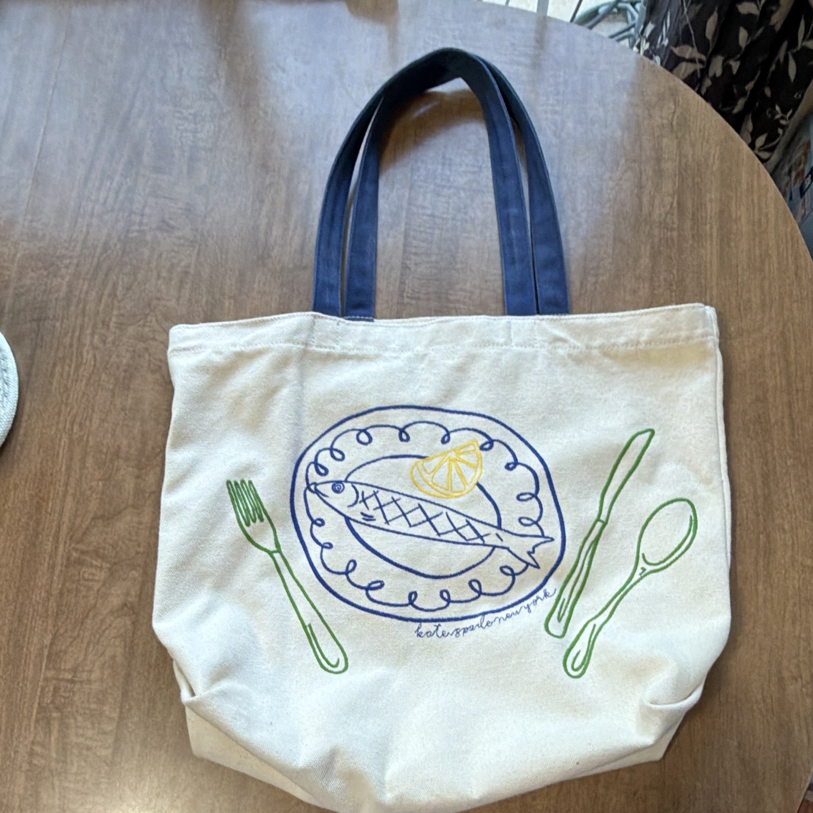 Kate Spade New York Beige Tote Bag Navy Double Handles Food Graphic Open Top