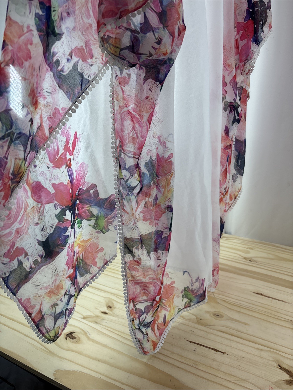 Womens Sheer Floral Kimono Cover Up White Watercolor Open Front Beach Swim OS