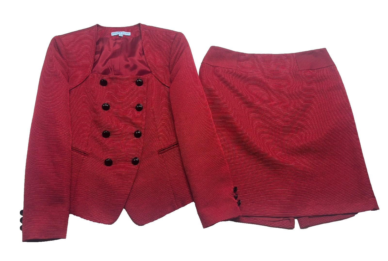 Antonio Melani M 8 10 Red 2pc Skirt Suit Double Breasted Square Neck Knit Career