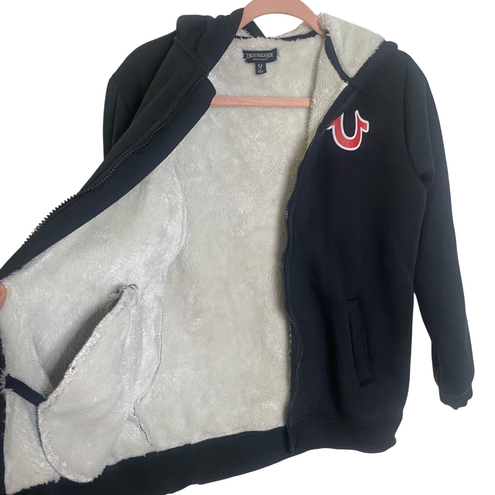 True Religion Sharpa Lined Hoodie Jacket Womens L Black Zip-Up