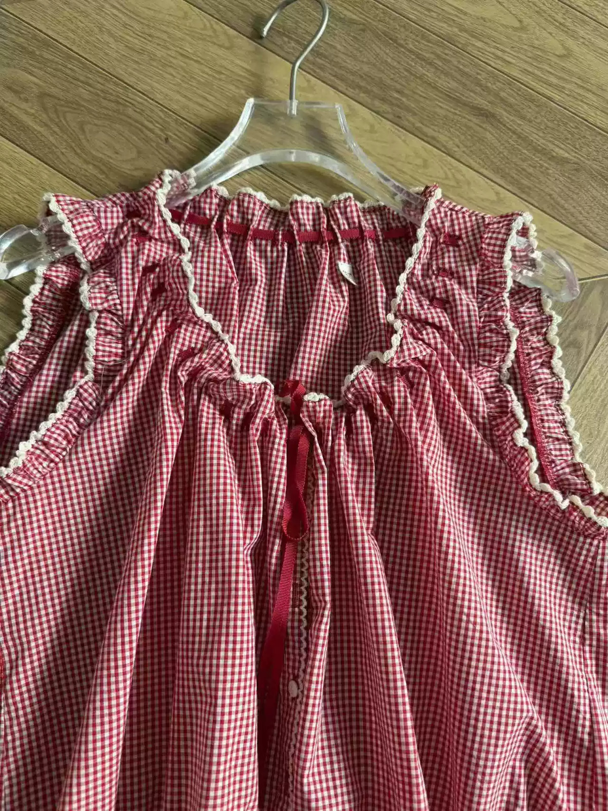 DOEN Gingham Tie Front Smocked Blouse Crop Top Organic Cotton