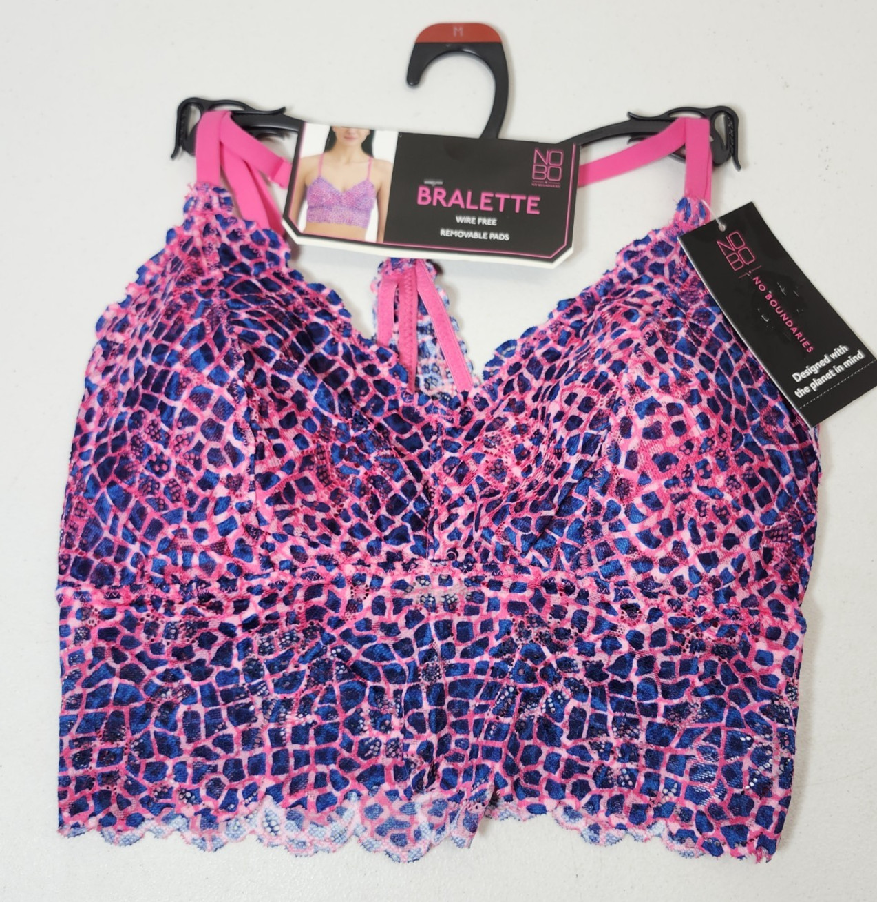 No Boundaries Wirefree Lace Bralette Women’s Size Medium Pink Blue Wireless NEW