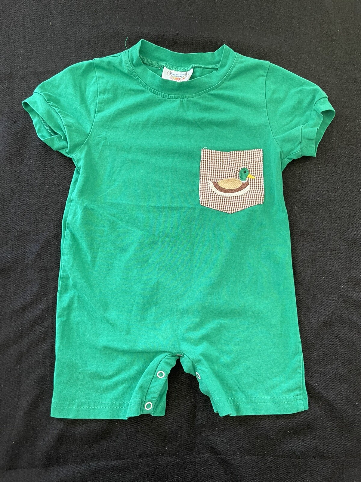 Southern Sass Smocks EUC Green Embroidered Duck 100% Cotton Knit Romper-18Mos