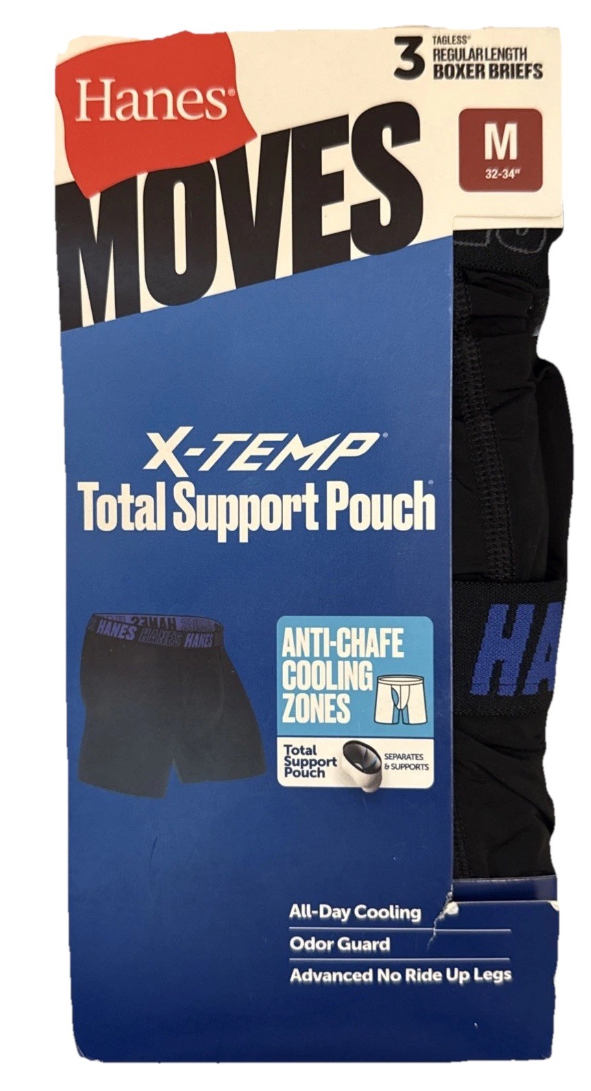Hanes Moves X-Temp Men’s 3-Pack Boxer Briefs Total Support Pouch & 6″ Inseam M