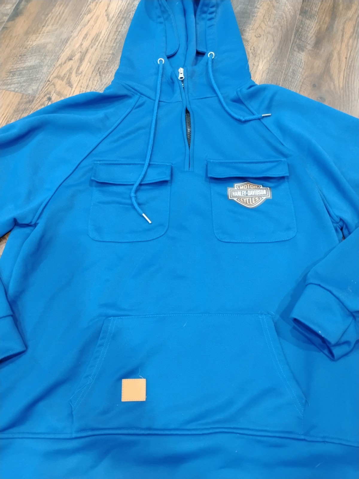 Vintage Harley-Davidson Motorcycle Half Zip Sweatshirt Hoodie Blue XL