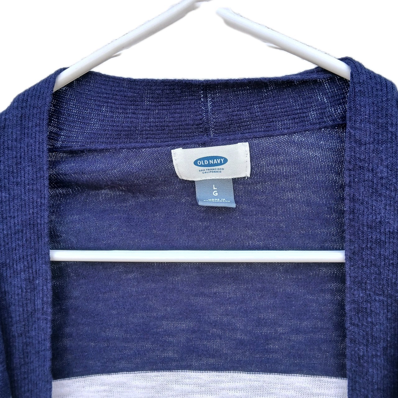 Old Navy Blue White Striped Knit Open Front Cardigan Sweater Pockets Size L