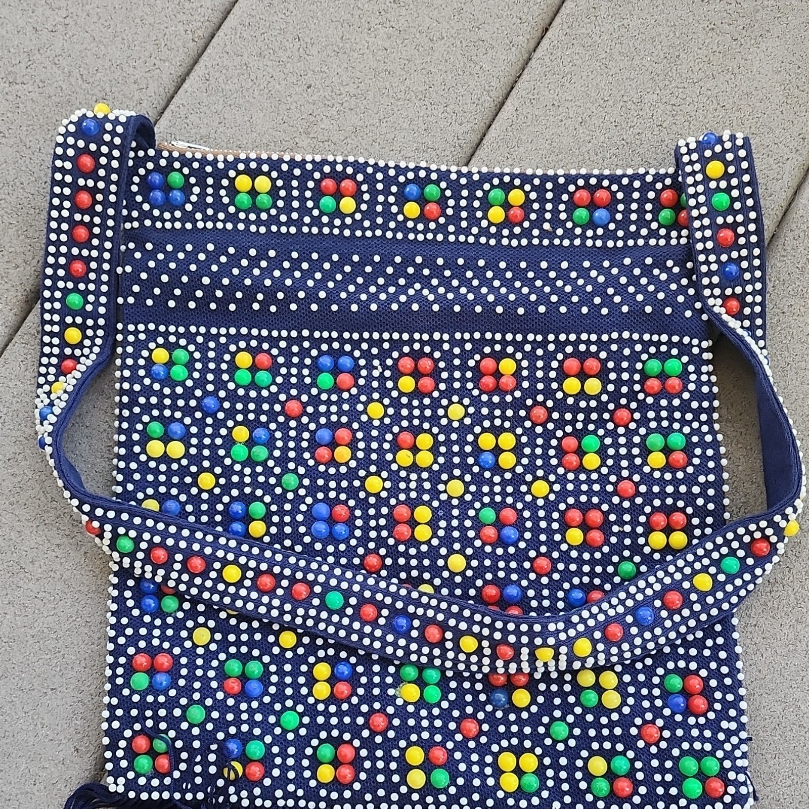 Vintage 70s Candy Dot Beaded Fringe Purse Crossbody Bag Rainbow Disco MINT