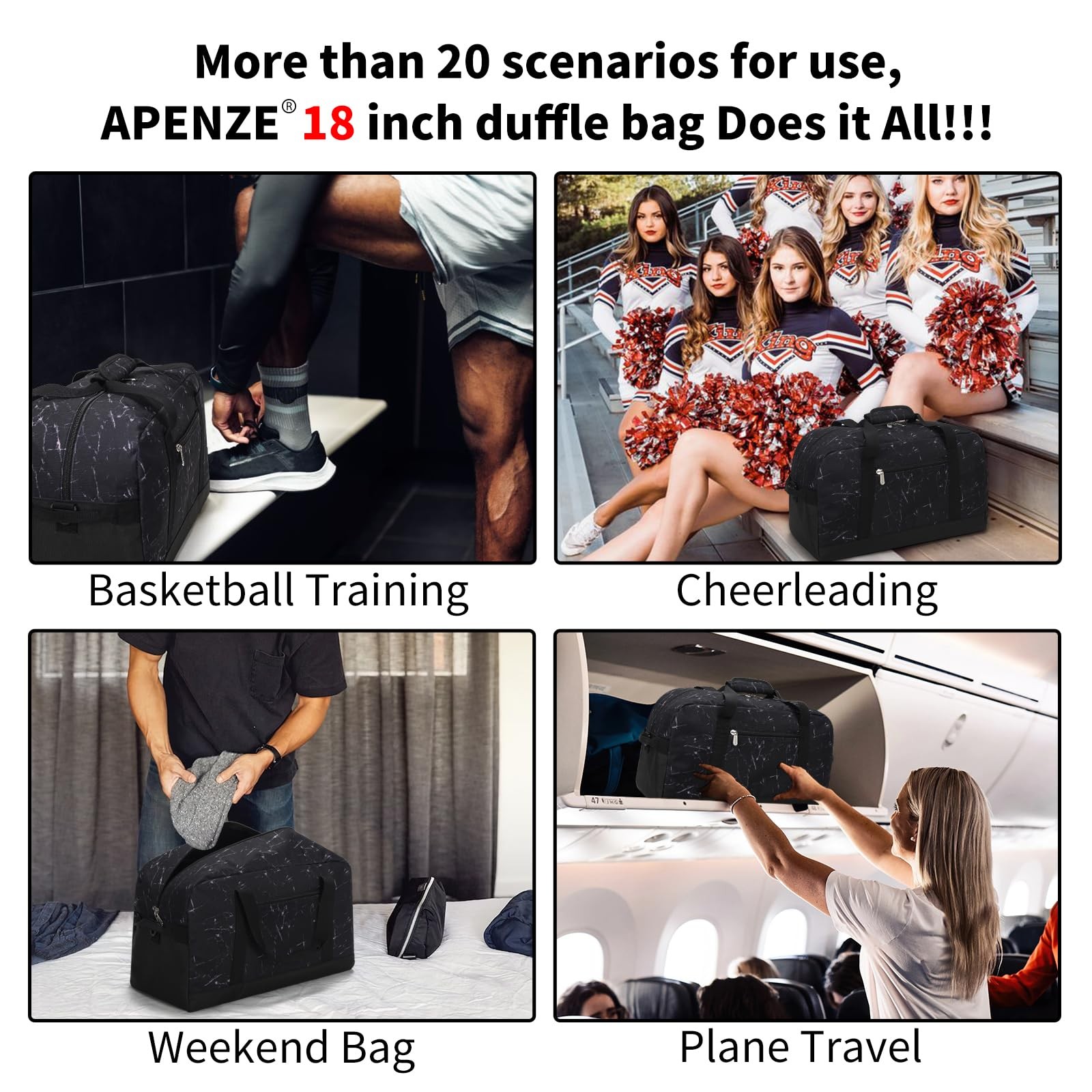 Small Gym Bag 18 inch Carry On Duffel Bag for Weekender Travel – Marble Black