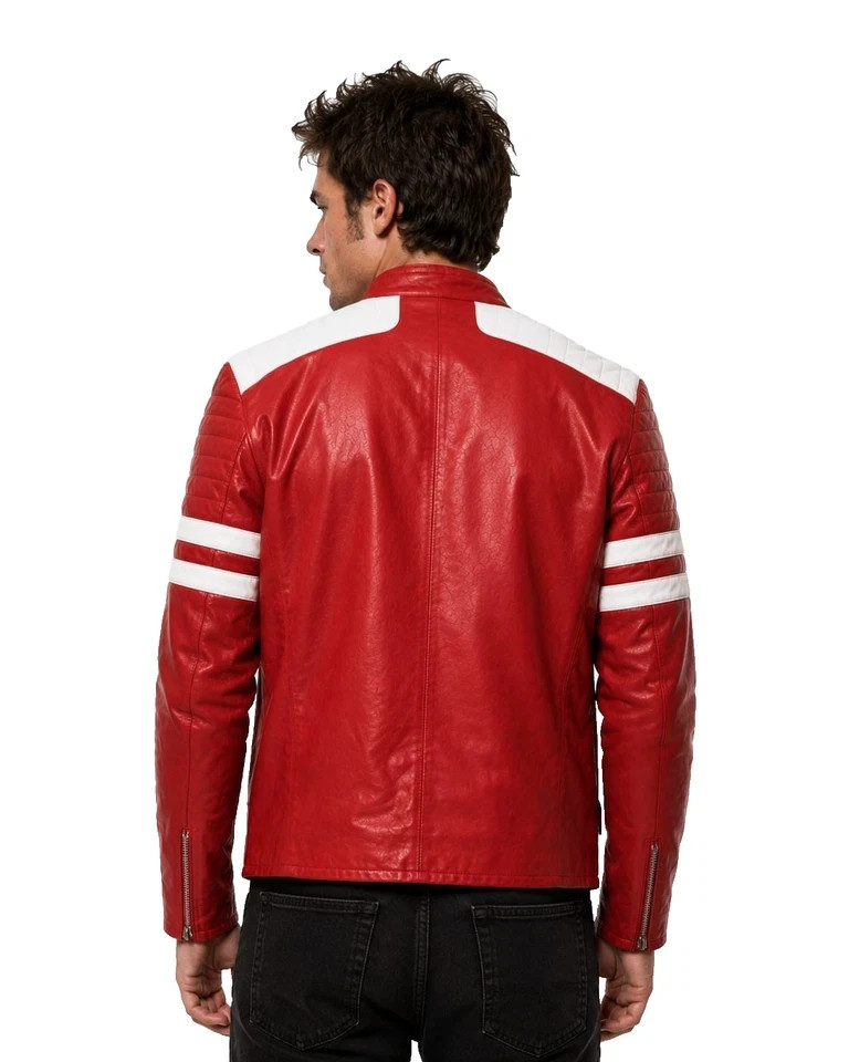 Mens Fight Club Inspired Red Leather Jacket Tyler Durden Style Biker Coat