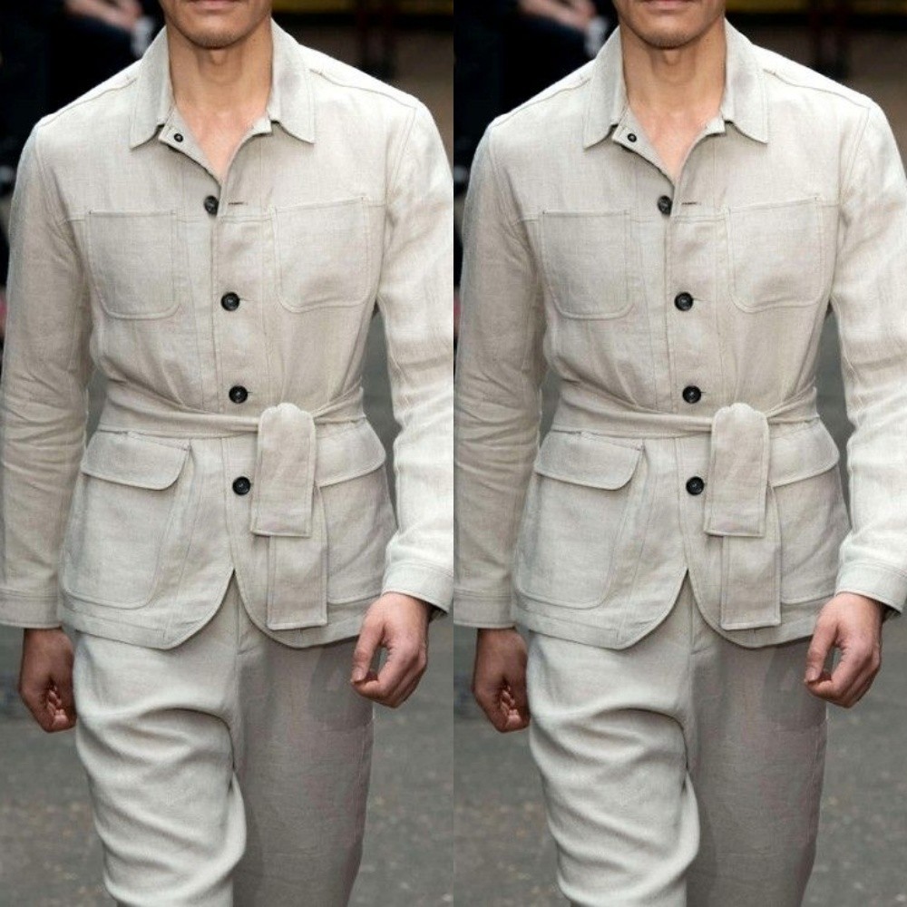 Linen Cotton Men’s Safari Jacket With Belt Sport Casual Outwear Men Hunting Coat