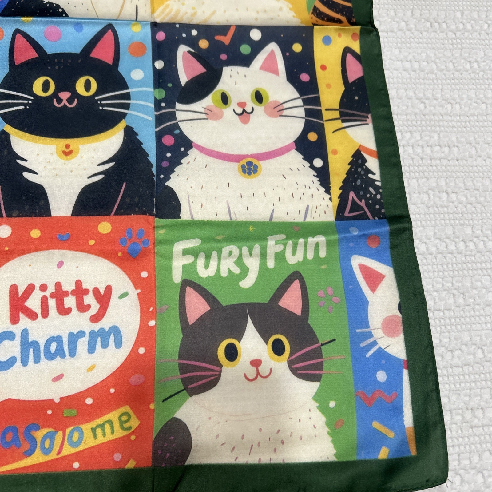 Colorful Cats Funky Fun 26” Square Scarf Floaty Green Border New Breeds Kitties