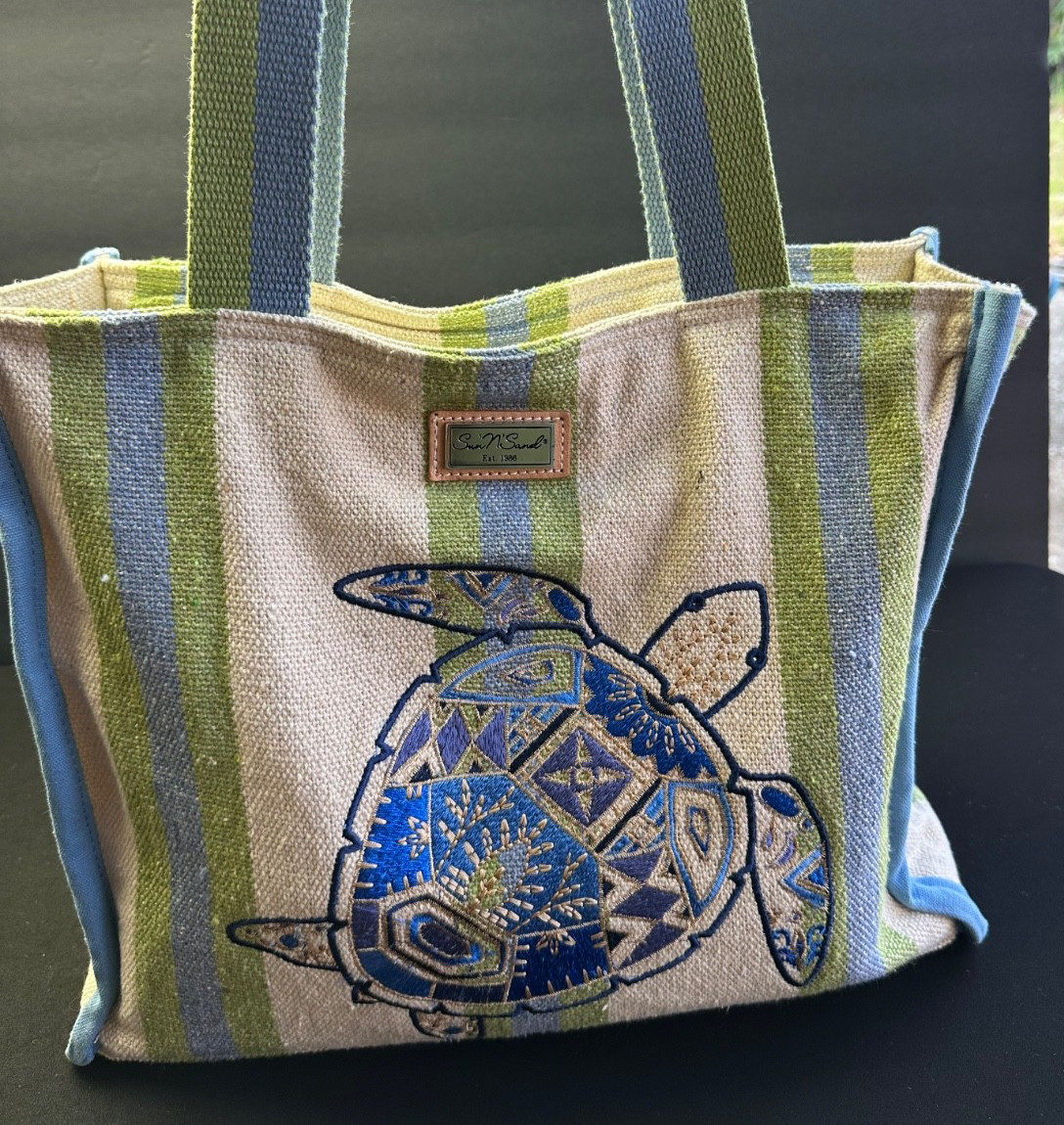Sun N Sand Blue Turtle Beach Tote Bag Embroidered Cotton Seaside Treasures Zip