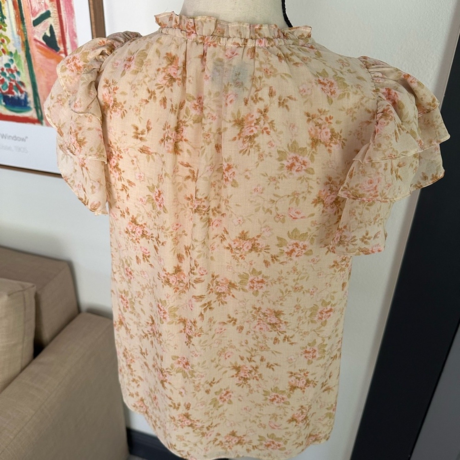 1 STATE Pink Flutter Sleeve Tie Neck Blouse Chiffon Ruffle Top Women’s Small