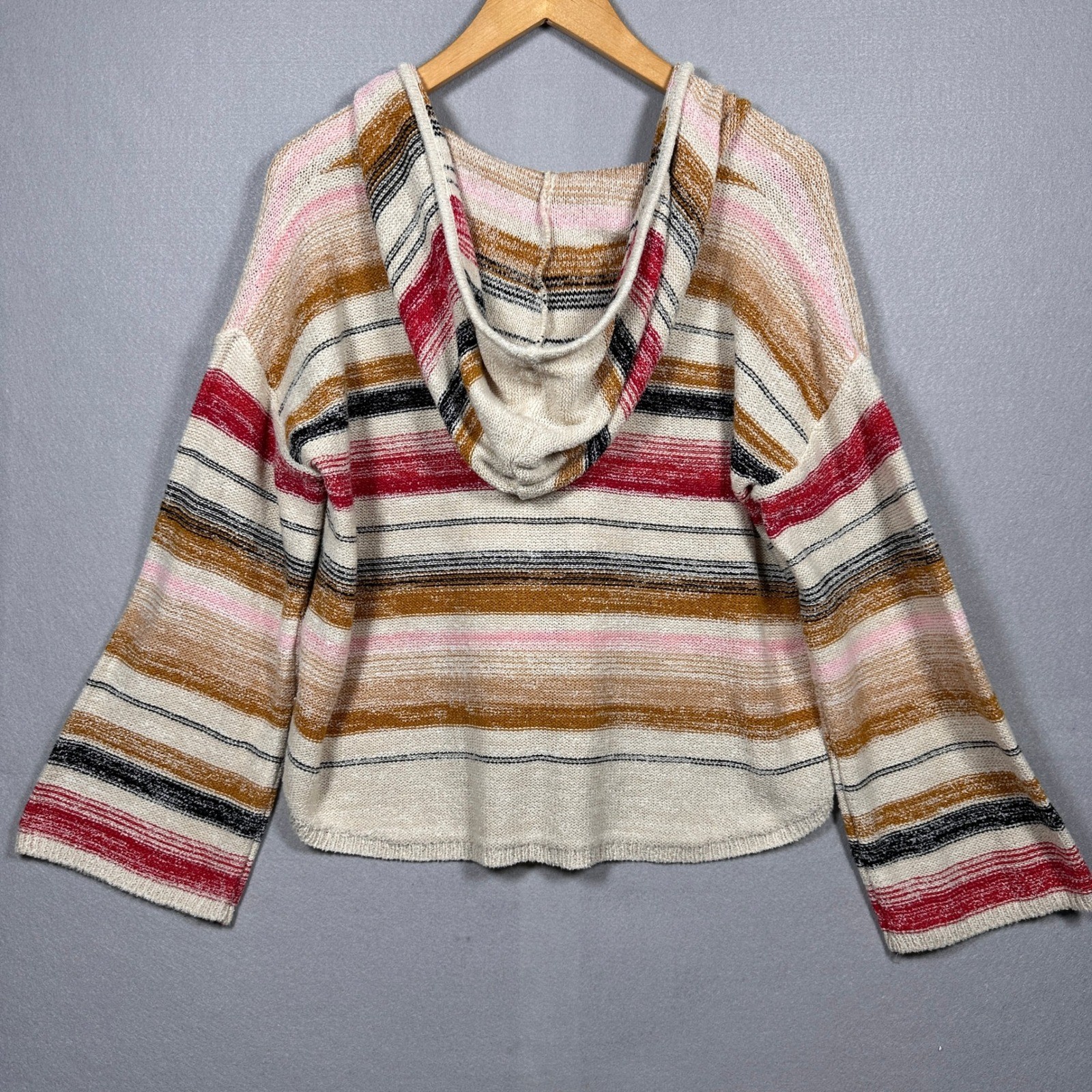 Billabong Womens Striped Knit Hoodie Sweater Multicolor V-Neck Coastal Boho L