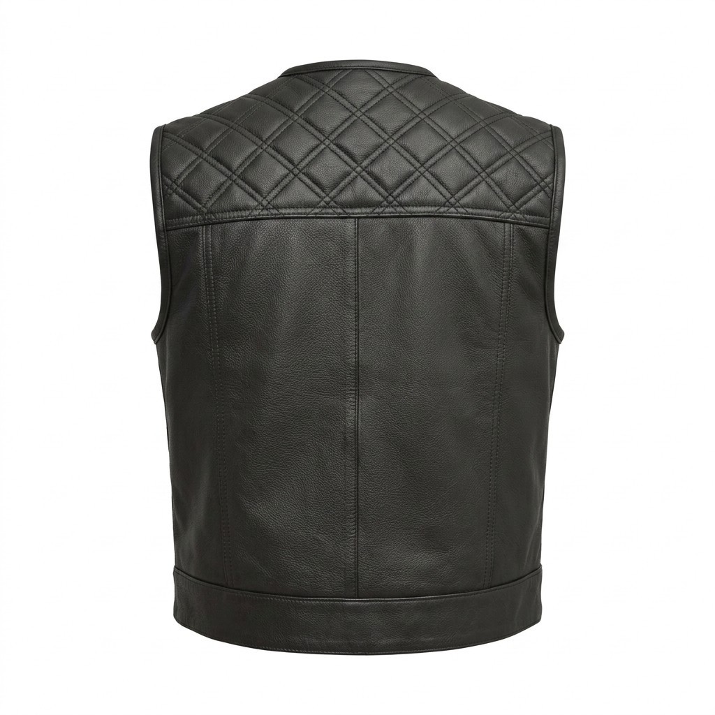 Men’s Black Genuine Leather Motorcycle Vest Biker Snap Front Quilted Club Vest