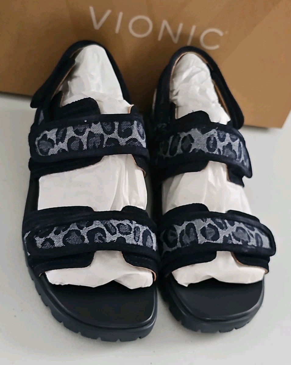 Vionic Cassidy Denim Size 5 Multi Leopard Print Strappy Sandals Blue Black NEW