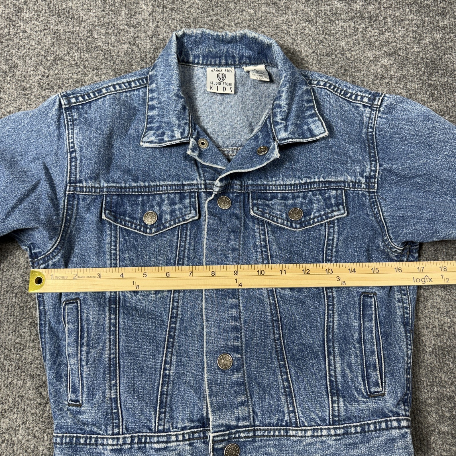 Vintage Warner Bros Jacket Kids Small Blue Denim Looney Tunes Back Graphic 90s