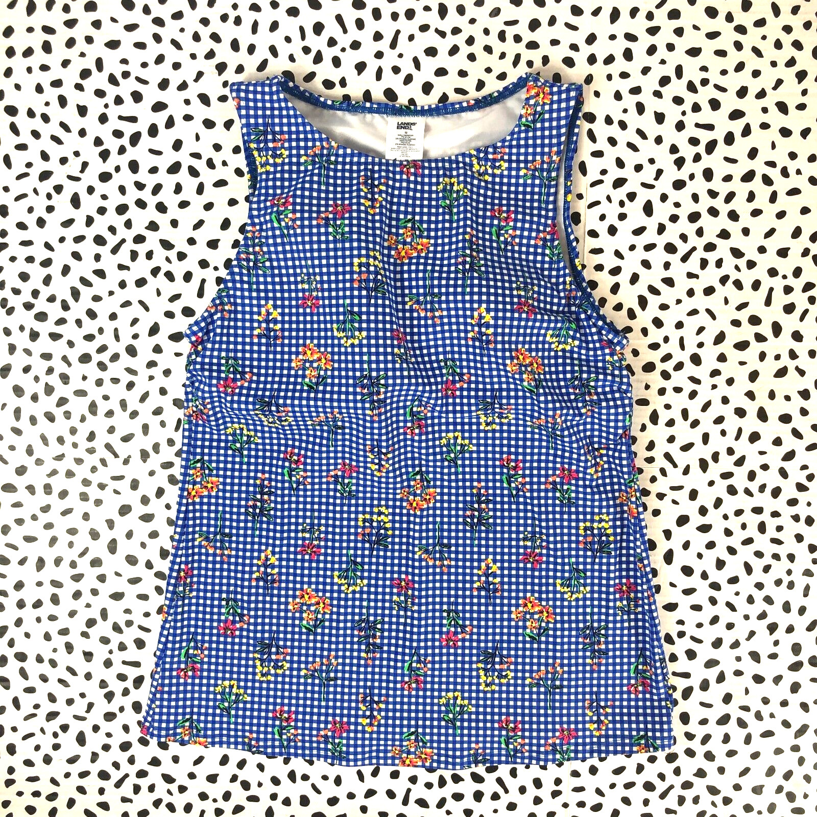 Lands End Blue Botanical Checkered High Neck Tankini Reg. 12 SWIM TOP 513786