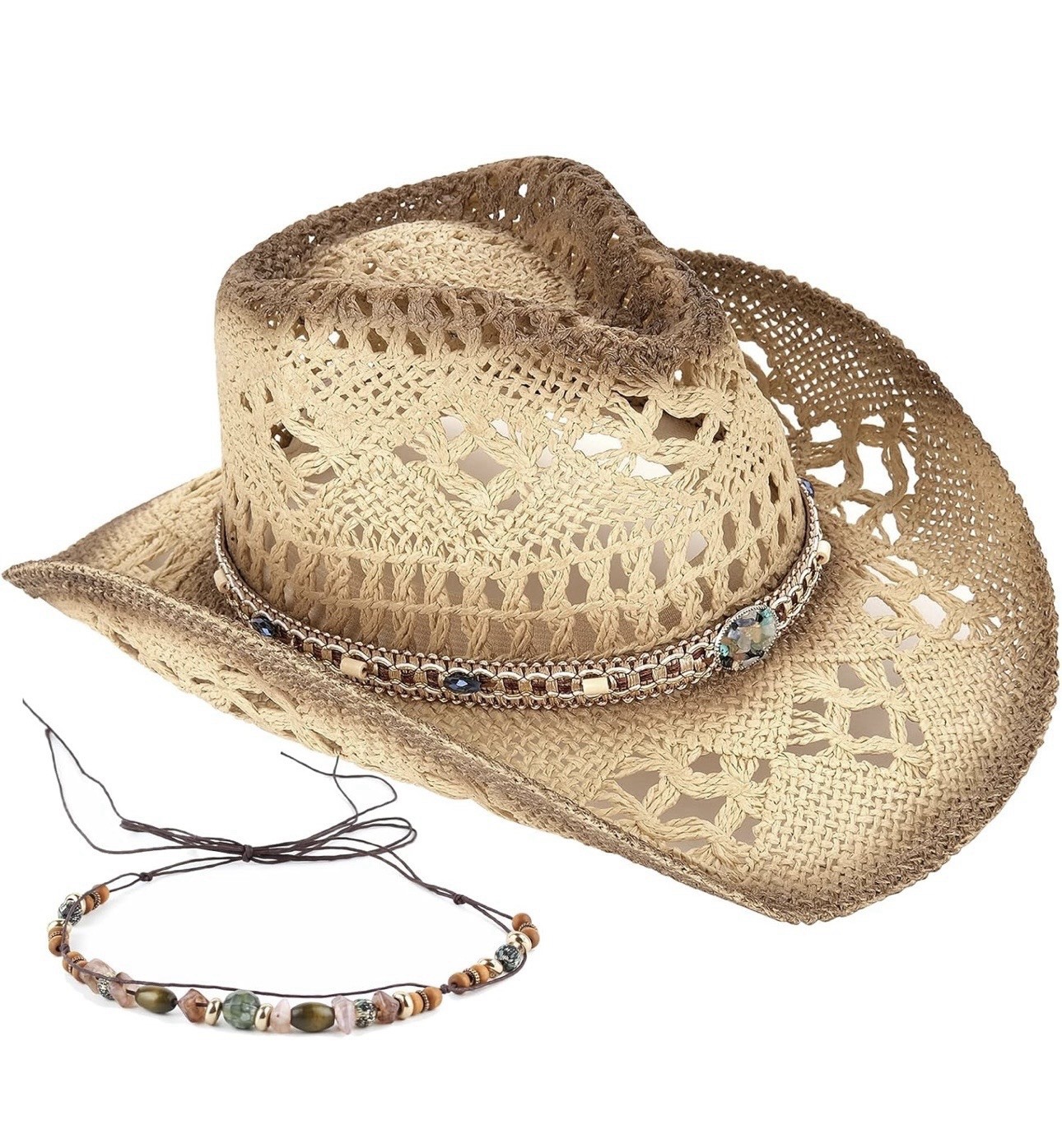 Women’s Straw Cowboy Hat, Breathable Western Cowgirl Hat W/2 Decorative Bands