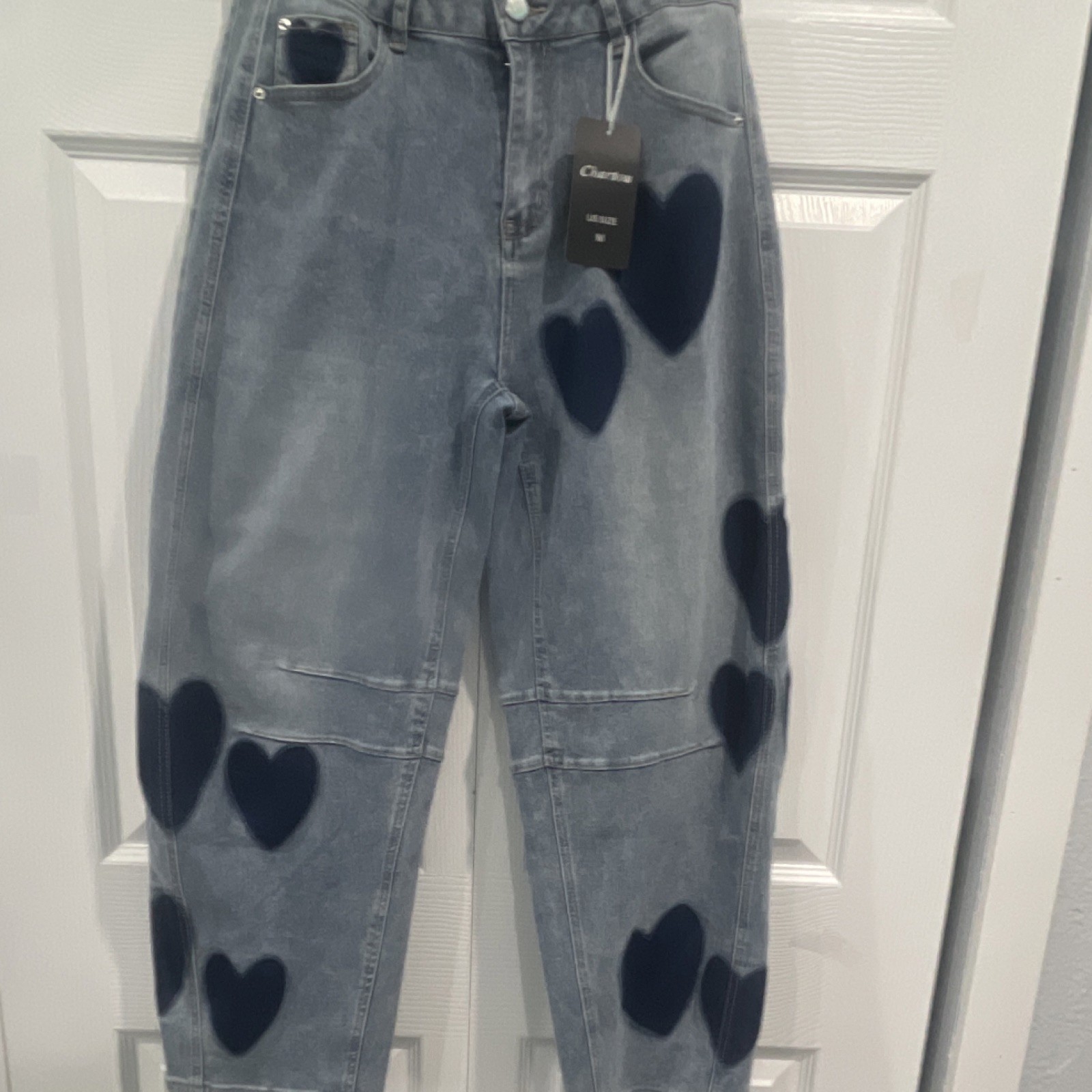 Chartou Women’s Blue Denim Heart Pattern Jeans, Button Closure, 5-Pocket, M
