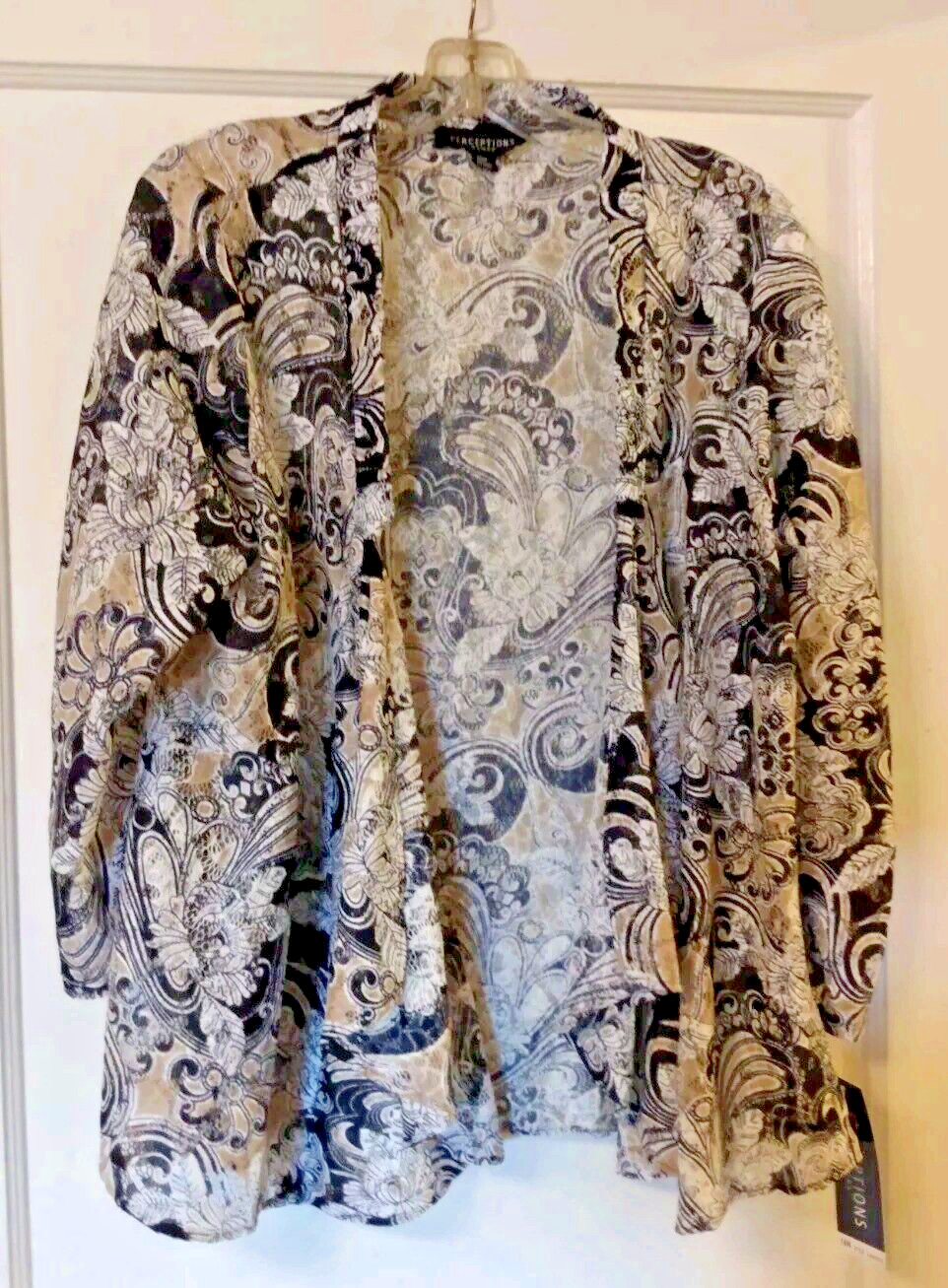 Perceptions Women’s Black Beige White Print Lace Fly-Away Jacket 14W New w/Tags