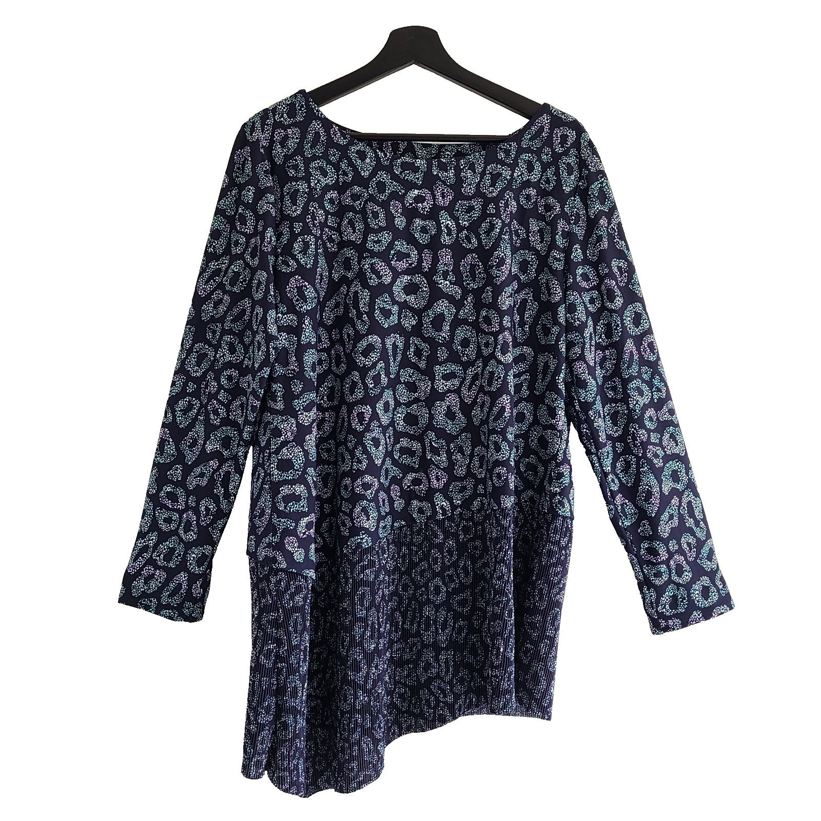 Blue Animal Print Asymmetric Tunic Top LP Petite QVC LS Slinky Casual Travel