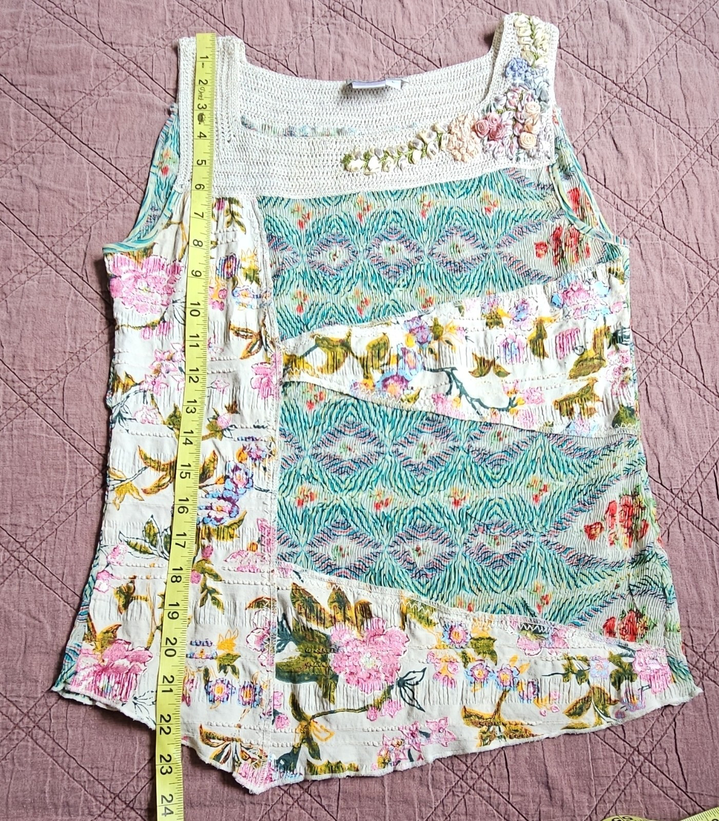 Alberto Makali SzM L Pleated Sleeveless Top Hand-painted Crochet Appliqués Artsy