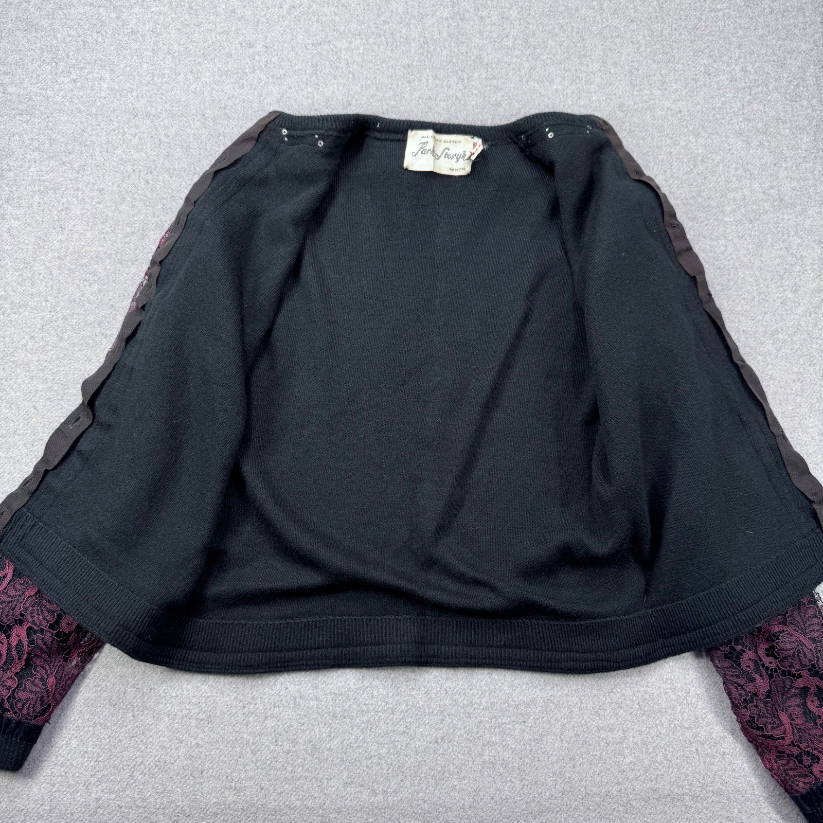 Vintage 50s Lace Overlay Rhinestone Cardigan Sweater Black Purple Orlon Fits XS