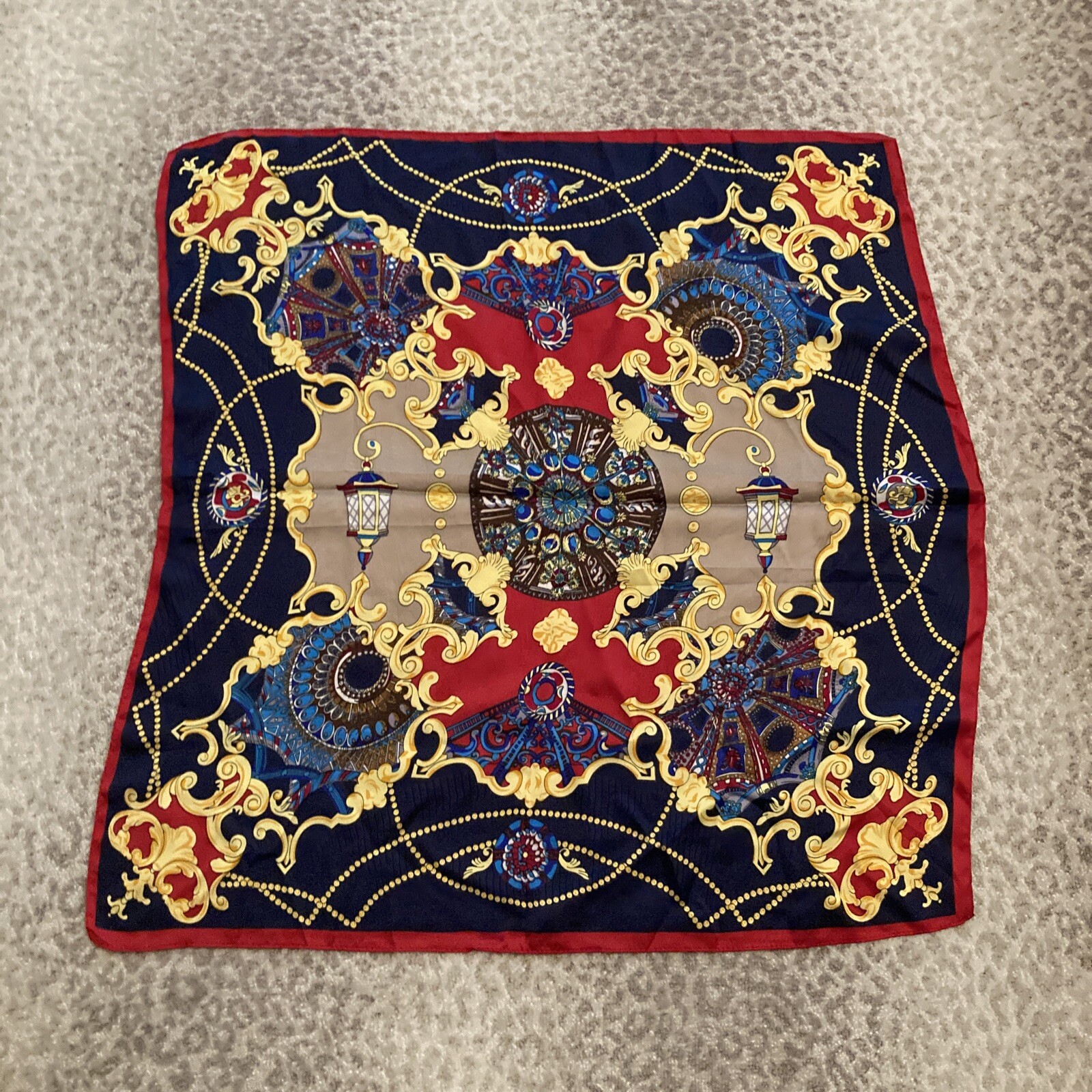 100% Silk Scarf 26.5” X 28” Classy Baroque Pattern Red Blue Gold Made In Italy