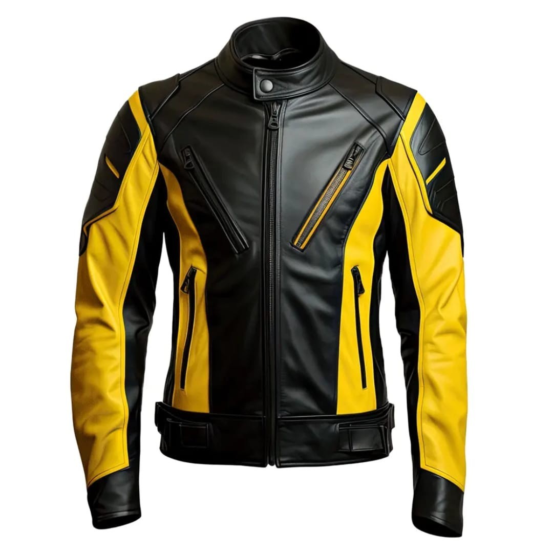 Premium Leather Biker Jacket Black and Yellow Sports Moto Racing Jacket For Men