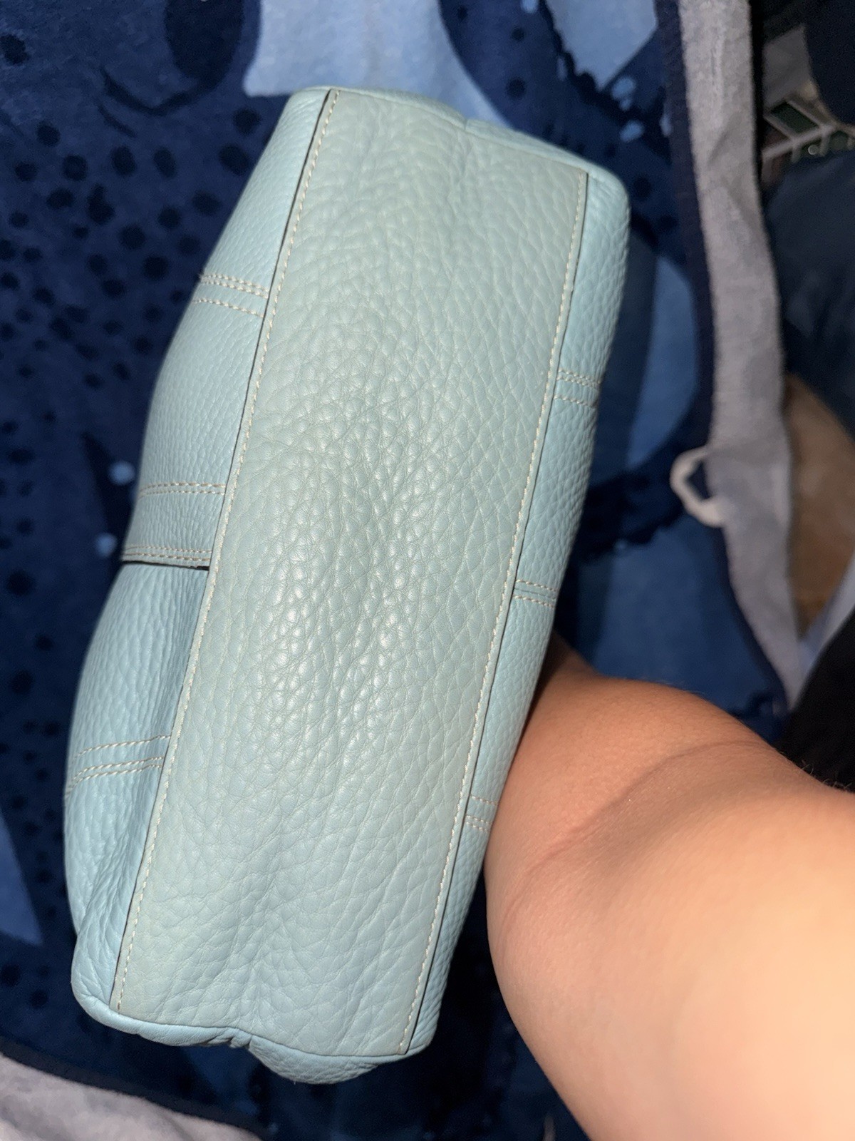 Coach Light Blue Pebbled Tote Zip Top Turn Lock Pink Lining, Charm, Medium