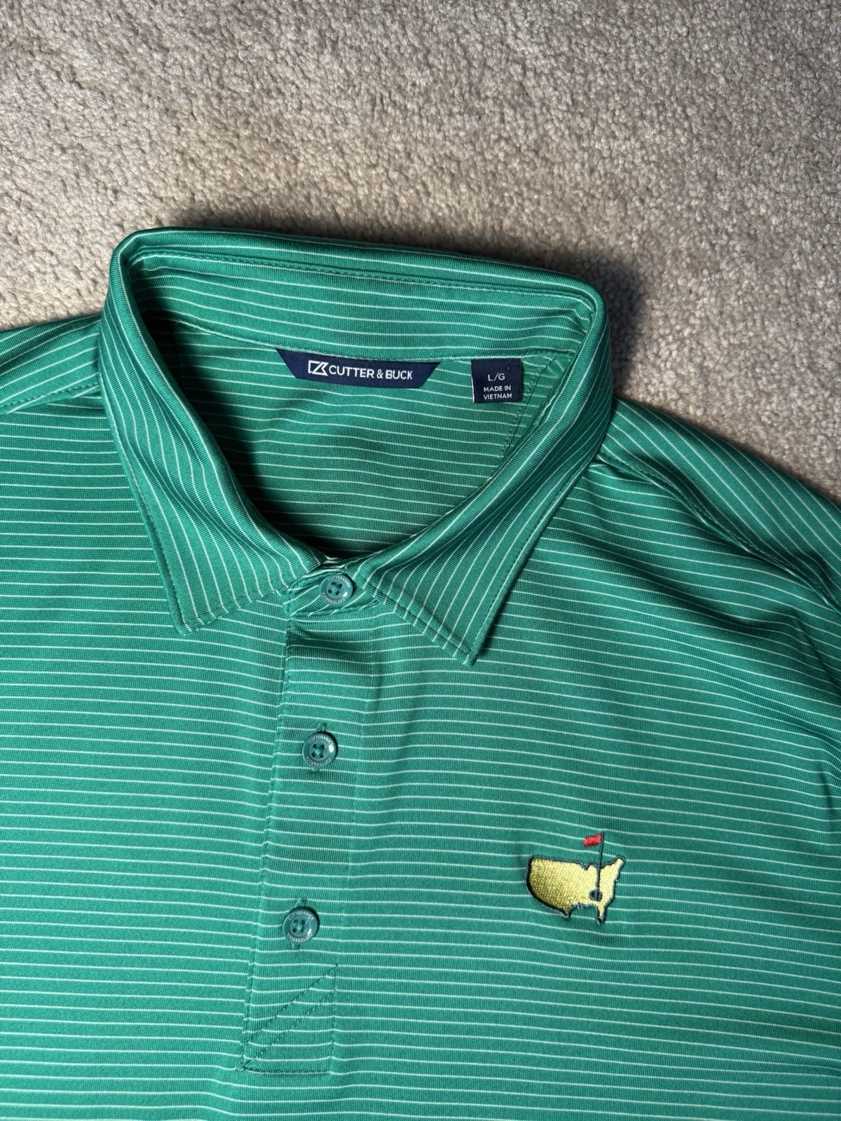 Cutter & Buck Augusta Masters Logo Golf Polo Green/White Striped Stretch L