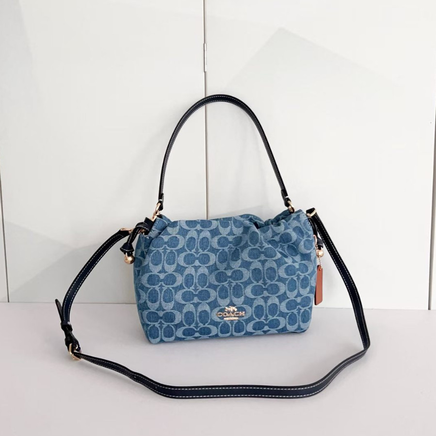 Coach Faye Denim Signature Drawstring Shoulder Bag Indigo New CDB94 IMTYV