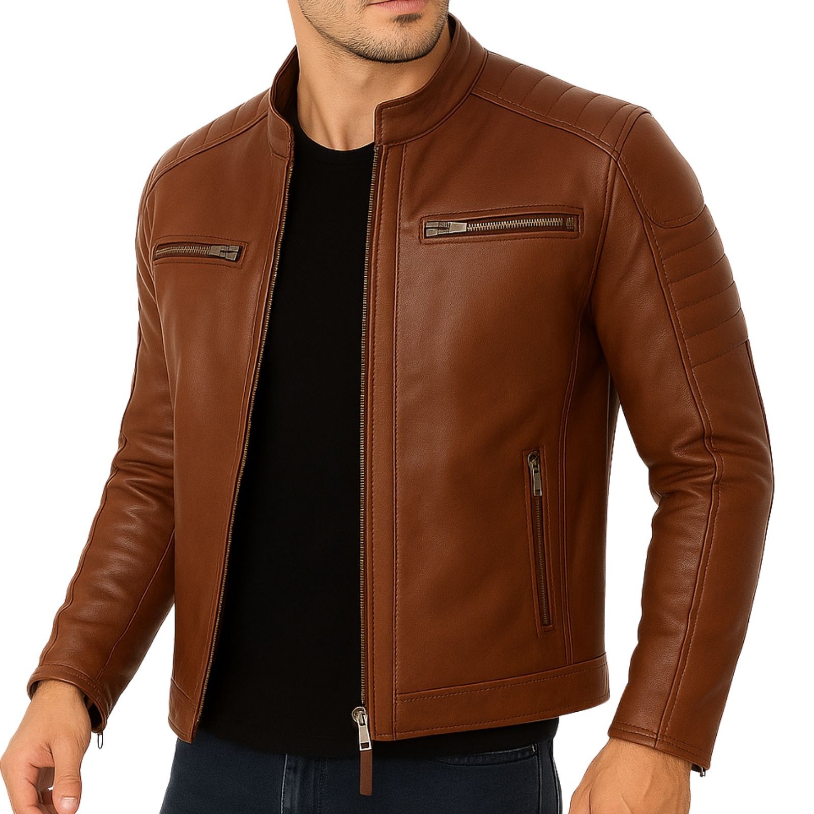 Men’s Genuine Leather Jacket Biker Cafe Racer Moto Slim Fit Motorcycle Outerwear