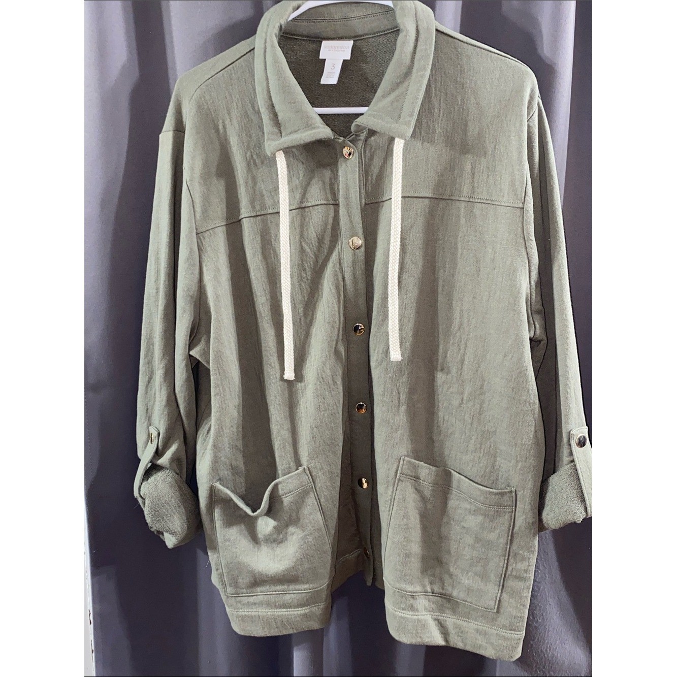 Chico’s Sage Green Button-Front Utility Jacket with DrawstringEUC CLEAN