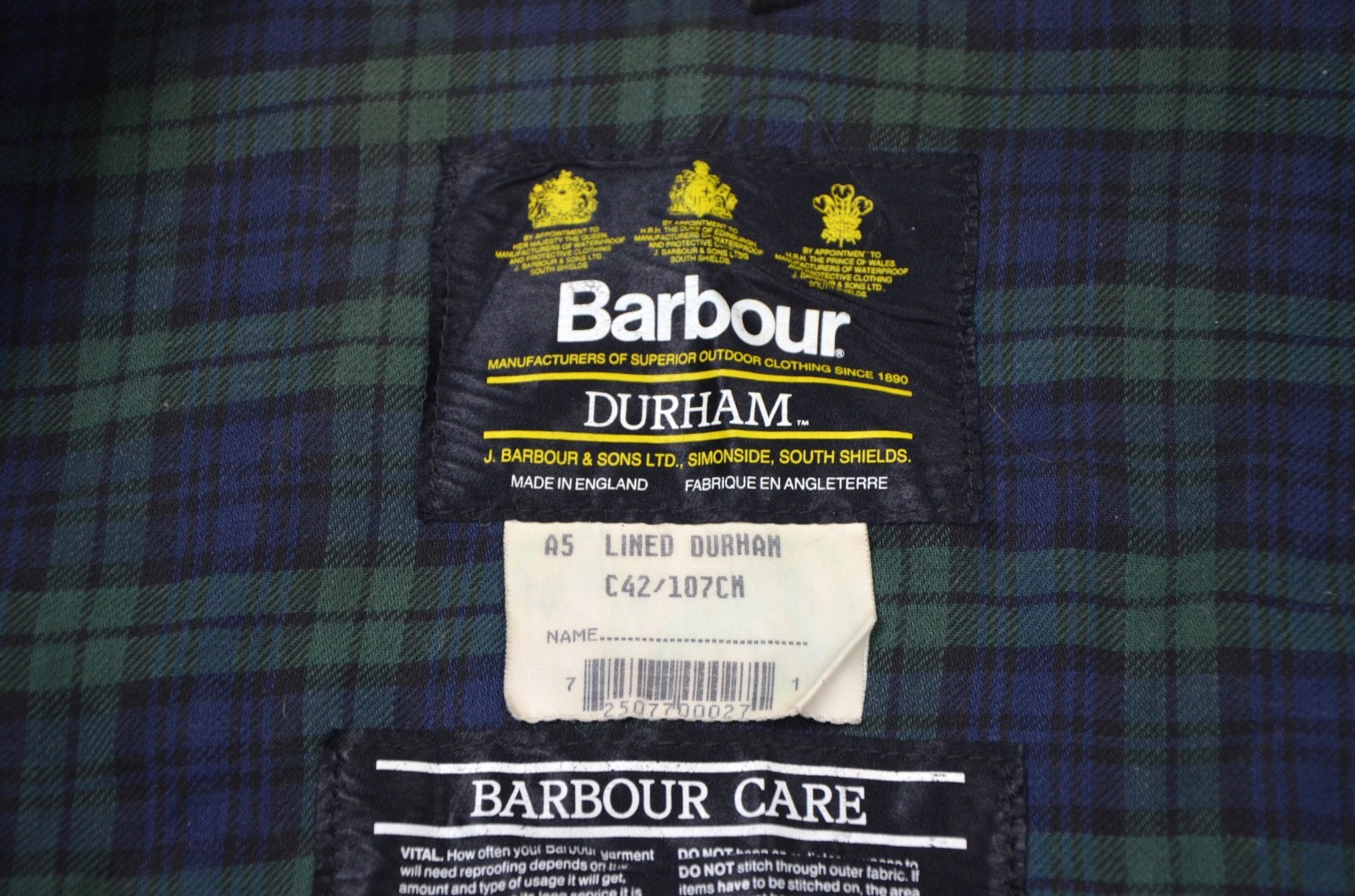 Barbour Lined Durham Jacket Men’s Wax Green A5 Hood England Size C42/107cm