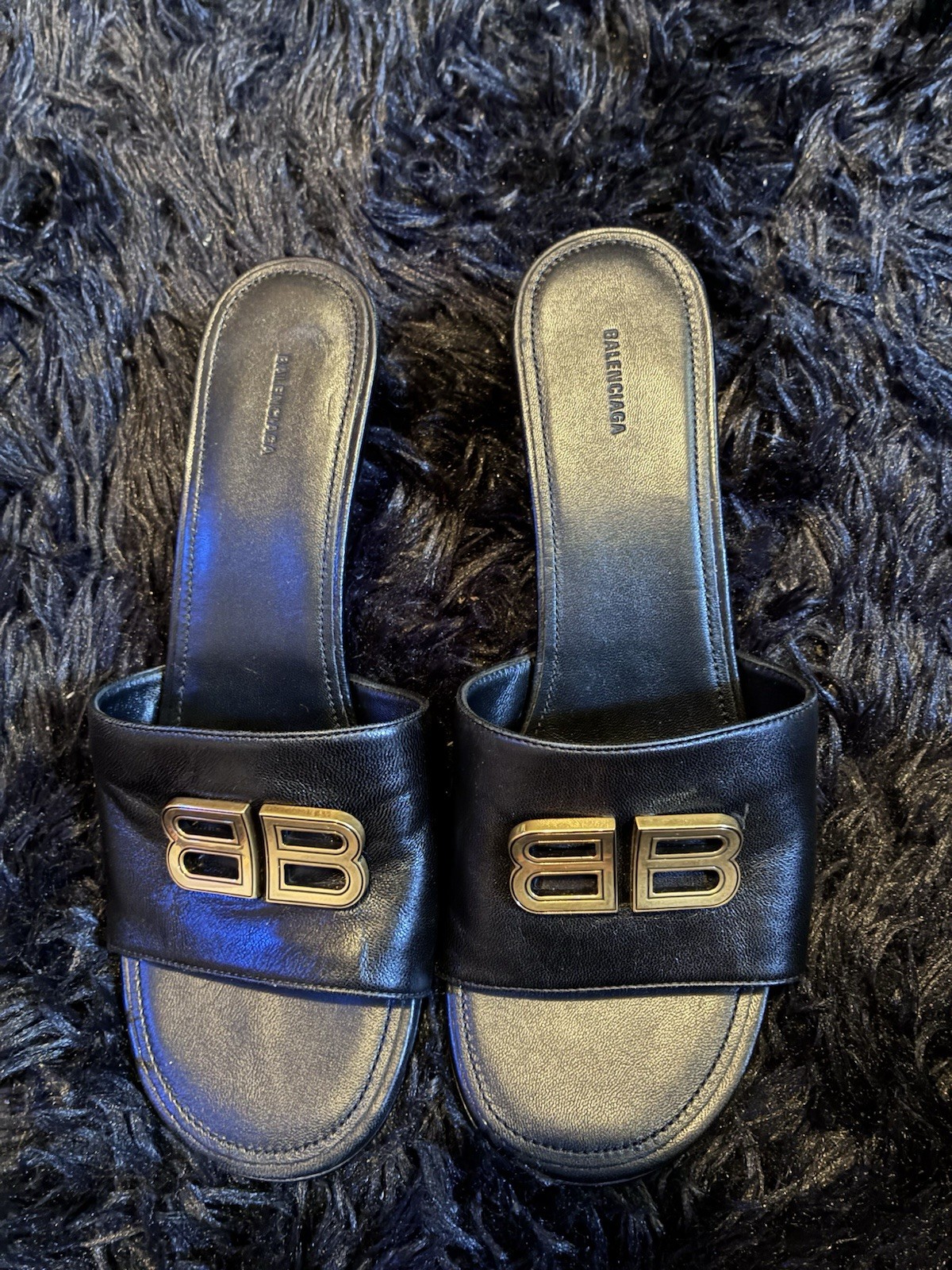 Balenciaga BB Logo Leather Slide Sandals Black/Gold Women’s US 8 New Box
