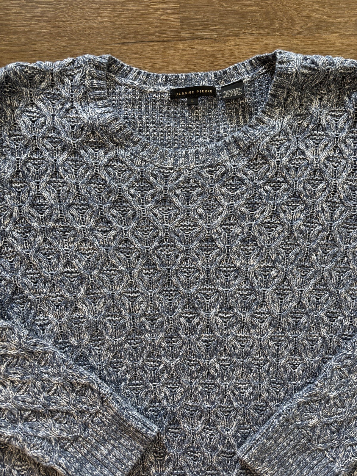 Jeanne Pierre Vintage Pullover Cable Knit Blue/White Cotton Sweater Women Large